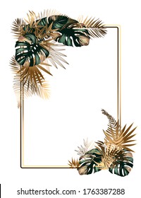 rectangular frame with tropical leaves - golden ferns, monstera, bamboo and palm leaves