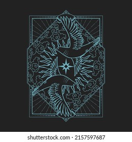 Rechteckiger Rahmen mit zwei Tauben im Retro-Stil auf schwarzem Hintergrund