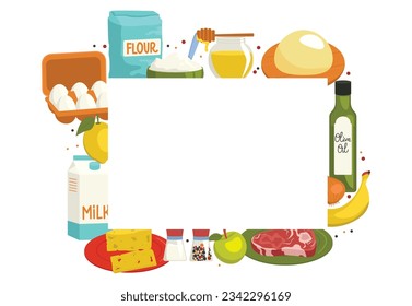 Rectangular frame from various food ingredients. Cooking. Vector graphic.