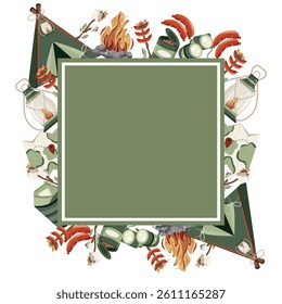 rectangular frame of various icons of transportation and equipment and food and accessories on the theme of camping or recreation with a green rectangle in the middle