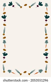 Rectangular frame of vegetables. Vector illustration isolated on beige background. For the design and decoration of markets, fairs, restaurant menus and cafes. Beets, carrots, onions, potatoes