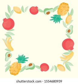 Rectangular frame for a vegetarian menu of tropical fruits. Lemon, avocado, pomegranate, pineapple, leaves. Isolated image on a light background. Vector graphics.