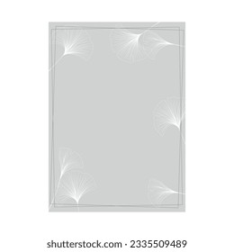 rectangular frame with white ginkgo biloba leaves on gray background, modern frame decorated with line drawing of ginkgo biloba