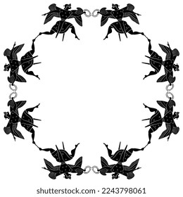 Rectangular frame with winged ancient Greek goddess Nike. Flying Victory holding laurel wreath. Black and white silhouette. Vase painting style. 