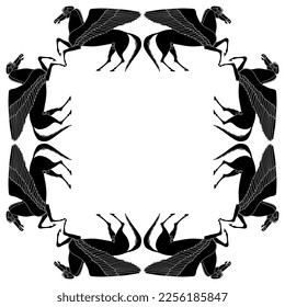 Rectangular frame with winged horses. Ancient Greek Pegasus. Black and white silhouette.