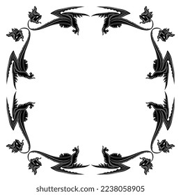 Rectangular frame with winged medieval dragons. Illuminated manuscript style. Gothic animal frame. Black and white silhouette. 
