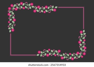 Rectangular Frame Or Wreath With Love Pink Fuchsia Flowers And Green Leaves