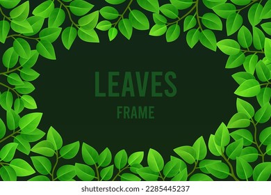 Rectangular frame of young green leaves with an oval opening on a dark background. Vector illustration, design element.