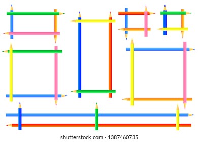 Rectangular frames created from colored pencils. The sharpened sides of colored pencils are directed in different directions.