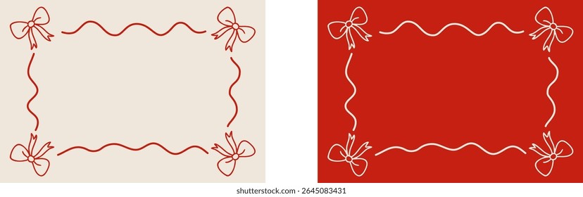 Rectangular frames with four boys in the corners and wavy borders, design in red and beige. Great for cards, gift labels, and holiday designs. Vector EPS 10