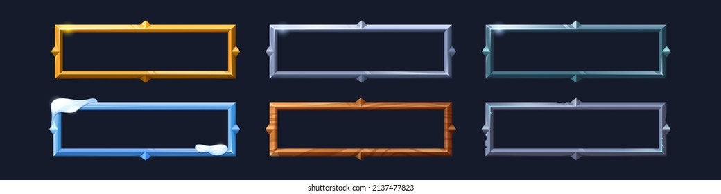 Marcos rectangulares con textura dorada, plateada, de madera y hielo para el diseño de juegos ui. Conjunto de dibujos animados vectoriales de bordes vacíos de estilo medieval, dorado, acero, madera y elementos de interfaz de usuario de nieve