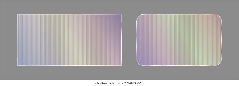 Rectangular frames with realistic ribbed glass and different edges. Vector outlines with holographic rainbow glow. Material for UI design and 3D rendering, decoration and abstract presentation