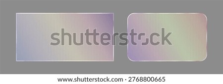 Rectangular frames with realistic ribbed glass and different edges. Vector outlines with holographic rainbow glow. Material for UI design and 3D rendering, decoration and abstract presentation