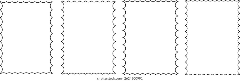 Rectangular frames with scallop edges set. Rectangle frames with wavy edges. Silhouette rectangular text boxes, rectangular shapes with wiggly borders. Empty square scalloped frames.