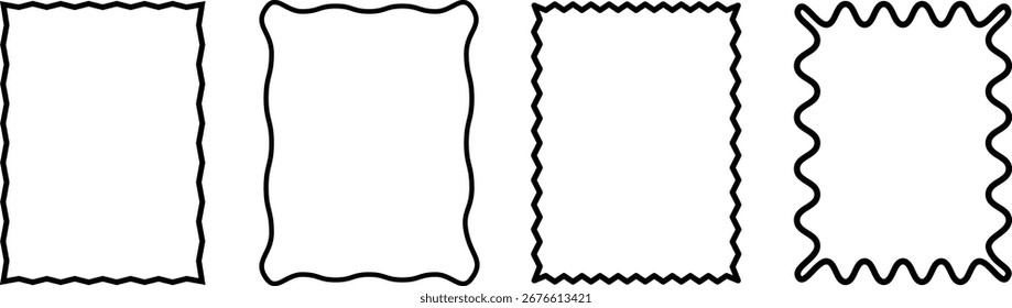 rectangular frames with scallop edges set, rectangular shapes with squiggly borders, Zig zag wavy edge rectangle frame or border shapes illustration.
