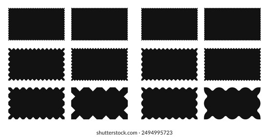 Rectangular frames with wavy corners. Set of blank coupon borders, labels, stamps for letters and envelopes in black colors on  white background.