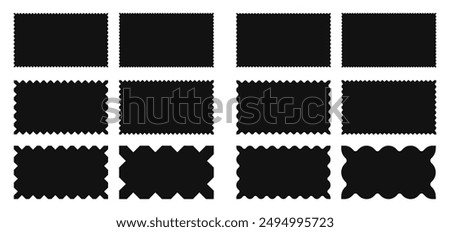 Rectangular frames with wavy corners. Set of blank coupon borders, labels, stamps for letters and envelopes in black colors on  white background.