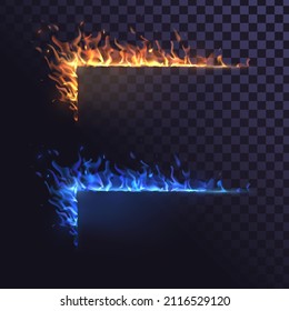 Rectangular frames of yellow and blue fire on transparent background