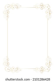 Rectangular frame-template, decorated in the corners with sakura, cherry, almond flowers. Bright shining golden gradient color on a white background. Place for your text. 