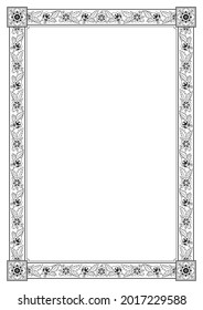 Rectangular framework. Persian floral style. A3, A4 page sizes. Black and white colors.