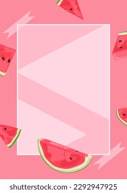 Rectangular geometric background with watermelons on a pink background. Bright and summer background with fruits