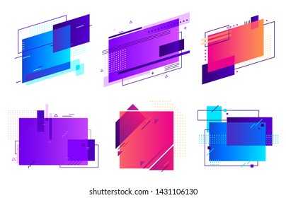 Rectangular geometric badges. Trendy frame, minimal design and abstract gradients frames template layout. Stickers blank, website banner or sticky notes. Isolated background vector set