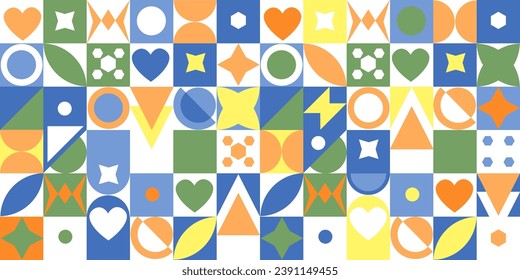 Rectangular geometric pattern with a square multicolored grid and shapes of different shapes. Vector graphics.