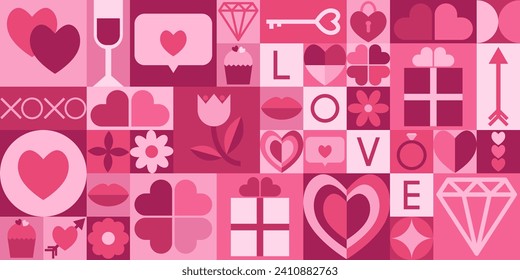 Rechteckige geometrische Valentinstag nahtloses Muster. Symbol mit Symbol der Liebe. Herz, Geschenk, Pfeil, Schlüssel, Ring, Blume, Lippen, Juwel. Trendy Design für Hintergrund, Textilien, Verpackung, Wrapper, Cover.