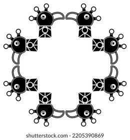Rectangular geometrical animal design or frame with stylized heads of peacock bird. Medieval Hunnish design. Black and white silhouette.