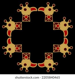 Rectangular Geometrical Animal Design Or Frame With Stylized Heads Of Peacock Bird. Medieval Hunnish Design. On Black Background.