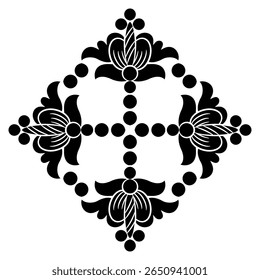 Ornamento transversal geométrico retangular com motivos florais. Estilo popular. Silhueta em preto e branco.