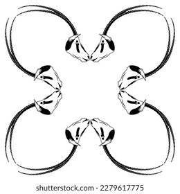 Rectangular geometrical ornament or frame with heads of Oryx antelope with big long horns. Scimitar oryx. Oryx dammah. African animal. Black and white silhouette.