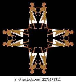 Rectangular geometrical ornament or frame with standing ancient Egyptian priests. On black background.