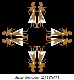 Rectangular geometrical ornament or frame with standing ancient Egyptian priests. On black background.