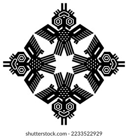 Rectangular geometrical rhombus design with four flying owls. Ancient Peruvian animal motif from Paracas textile. Native American pre Columbian Indian art. Black and white silhouette.