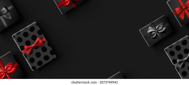 Rectangular gift boxes with beautiful bow pattern. Space for text. Vector holiday illustration.