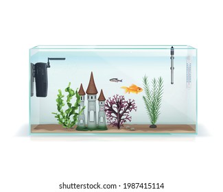 Rectangular glass aquarium with decorative castle aquatic plants air pump filter thermometer fish realistic composition vector illustration 