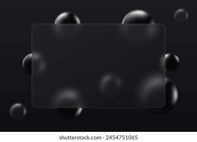 Rectangular glass banner or bank card. Realistic glass morphism effect on a dark background with black spheres.