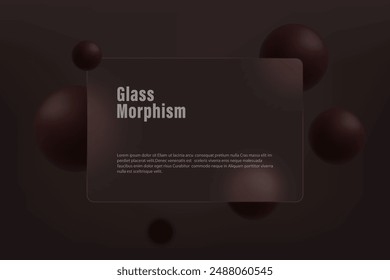 Rectangular glass banner or bank card. Realistic glass morphism effect on a dark background with burgundy spheres.
