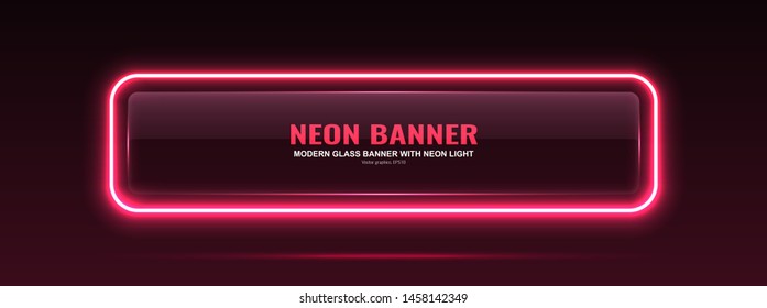 Rectangular glass banner. Transparent billboard with neon lights. Vector illustration.