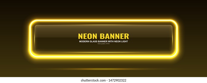 Rectangular glass banner. Transparent billboard with neon lights. Vector illustration.