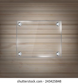 Rectangular glass frame on wooden background/vector illustration with place for your content