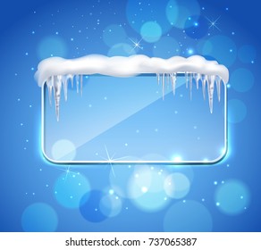 Rectangular glass pane frame with rounded corners and icicles on top realistic image blue bubbles background vector illustration 