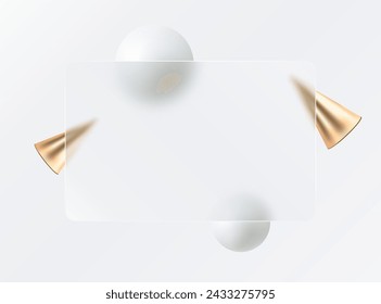 Rectangular glass transparent frame with white spheres and gold cones. Abstract background in glass morphism style.