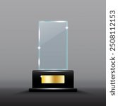 Rectangular glass trophy. Shiny gold plaque detail. Dark grey background. Elegant vector design.