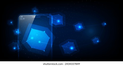 Caja resplandeciente rectangular, datos grandes, bajo poli, conexión, seguridad, flotando desde el suelo alrededor del teléfono, en línea, entrega rápida, vector e ilustración de servicio de correo aéreo.