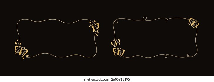 Rectangular gold frame with butterflies vector illustration. Abstract golden doodle border for spring summer elegant design elements