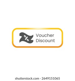 A rectangular golden button displays a dark grey flag icon with a percent sign, beside "Voucher Discount" text, all centered on a white background.