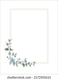 Marco dorado rectangular con flores y hojas de color azul, plantilla, ilustración vectorial.	
