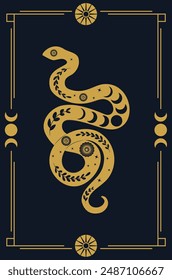 Rectangular golden frame with decorative floral snake in retro style. Abstract black serpent silhouette with floral elements inside.